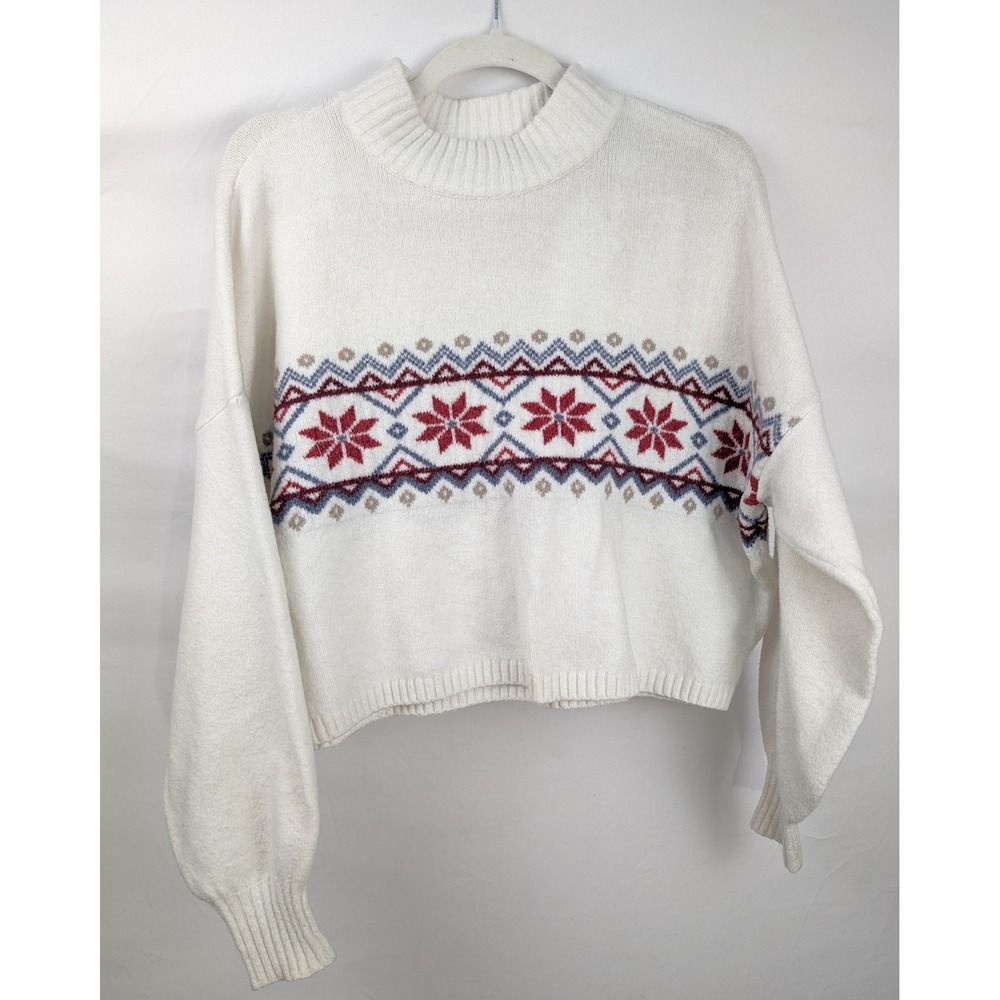 Hollister Fair Isle Snowflake Cropped Sweater Size M White Nordic Apre Ski FLAW